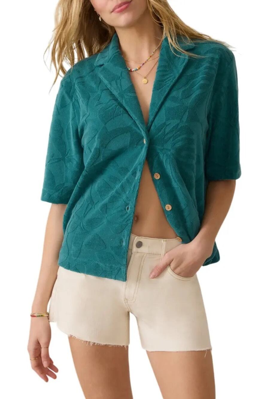 Faherty Cabana Towel Terry Camp Shirt Emerald Poolside Foliage size medium